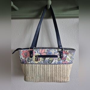 Sakroots Ellis Printed Floral Canvas Natural Straw Tote Bag with Navy Trim
